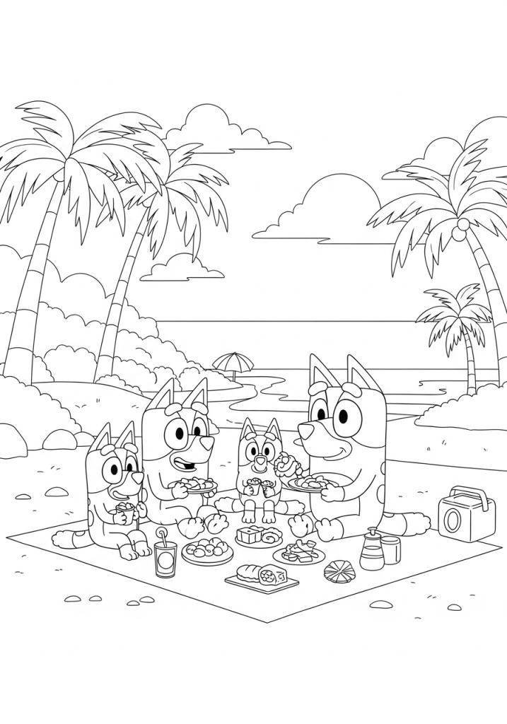 bluey family sitting on beach and eating meal coloring pages.