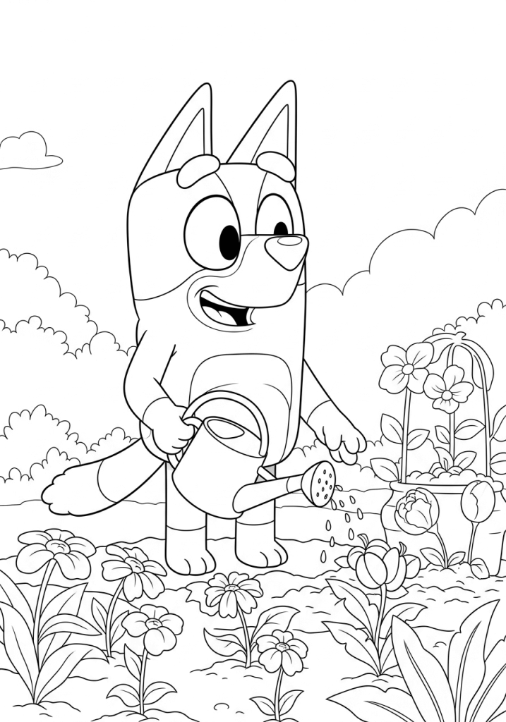 Bluey Watering Plants in the Garden