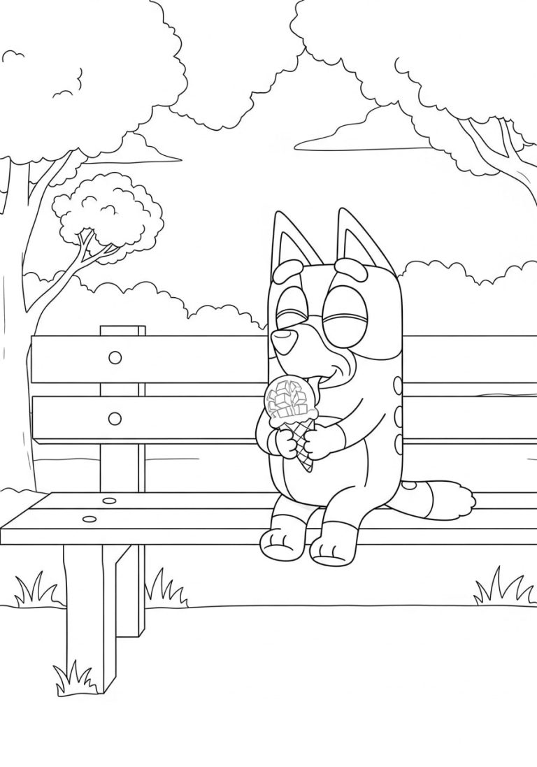 Bluey and Bingo Eating Ice Cream coloring pages 10 Bingo Licking Cone Ice Cream on Bench