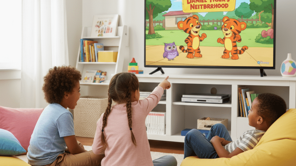 5 More Shows Like Bluey to Watch With Kids 3 kids watching Daniel Tiger’s Neighborhood