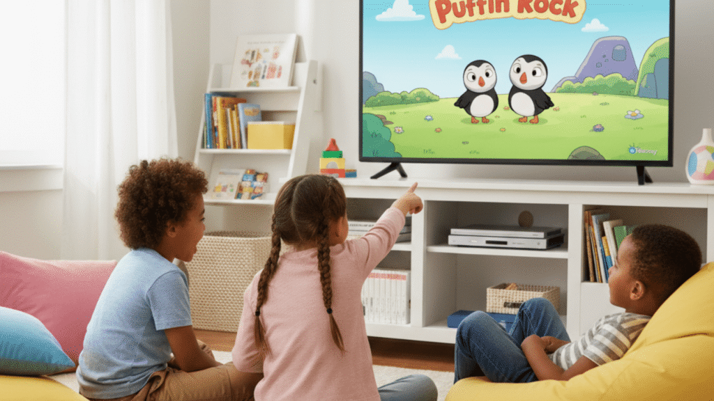 5 More Shows Like Bluey to Watch With Kids 4 kids watching puffin rock